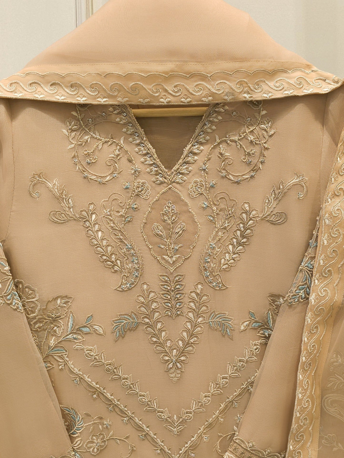 Aghanoor Embroidered Organza 3 Piece Suit- Beige Golden