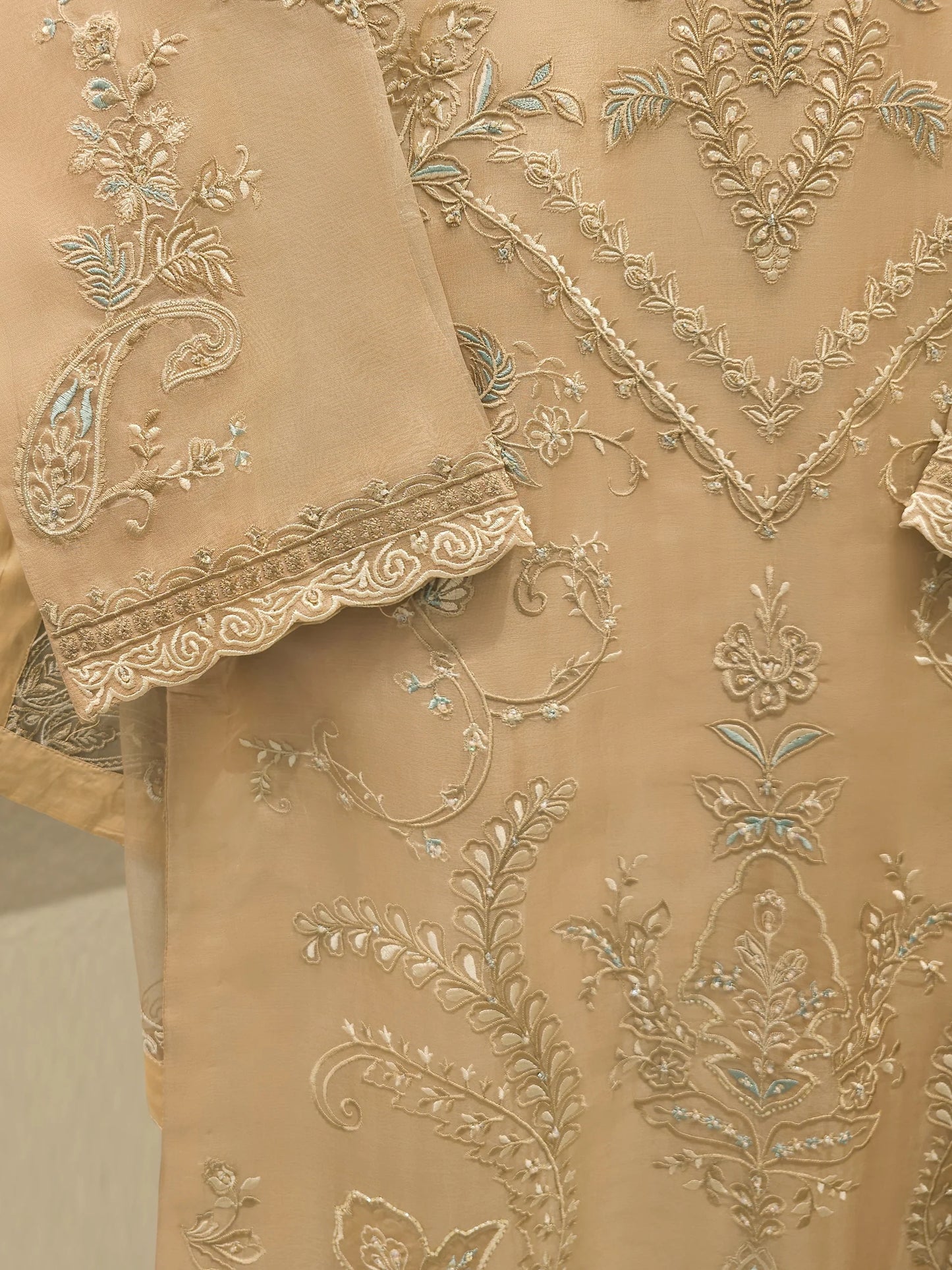 Aghanoor Embroidered Organza 3 Piece Suit- Beige Golden