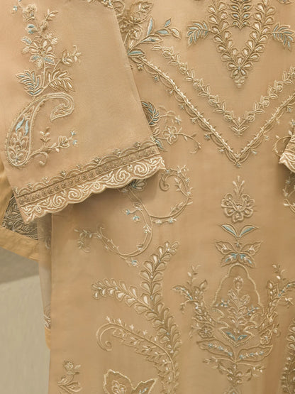 Aghanoor Embroidered Organza 3 Piece Suit- Beige Golden