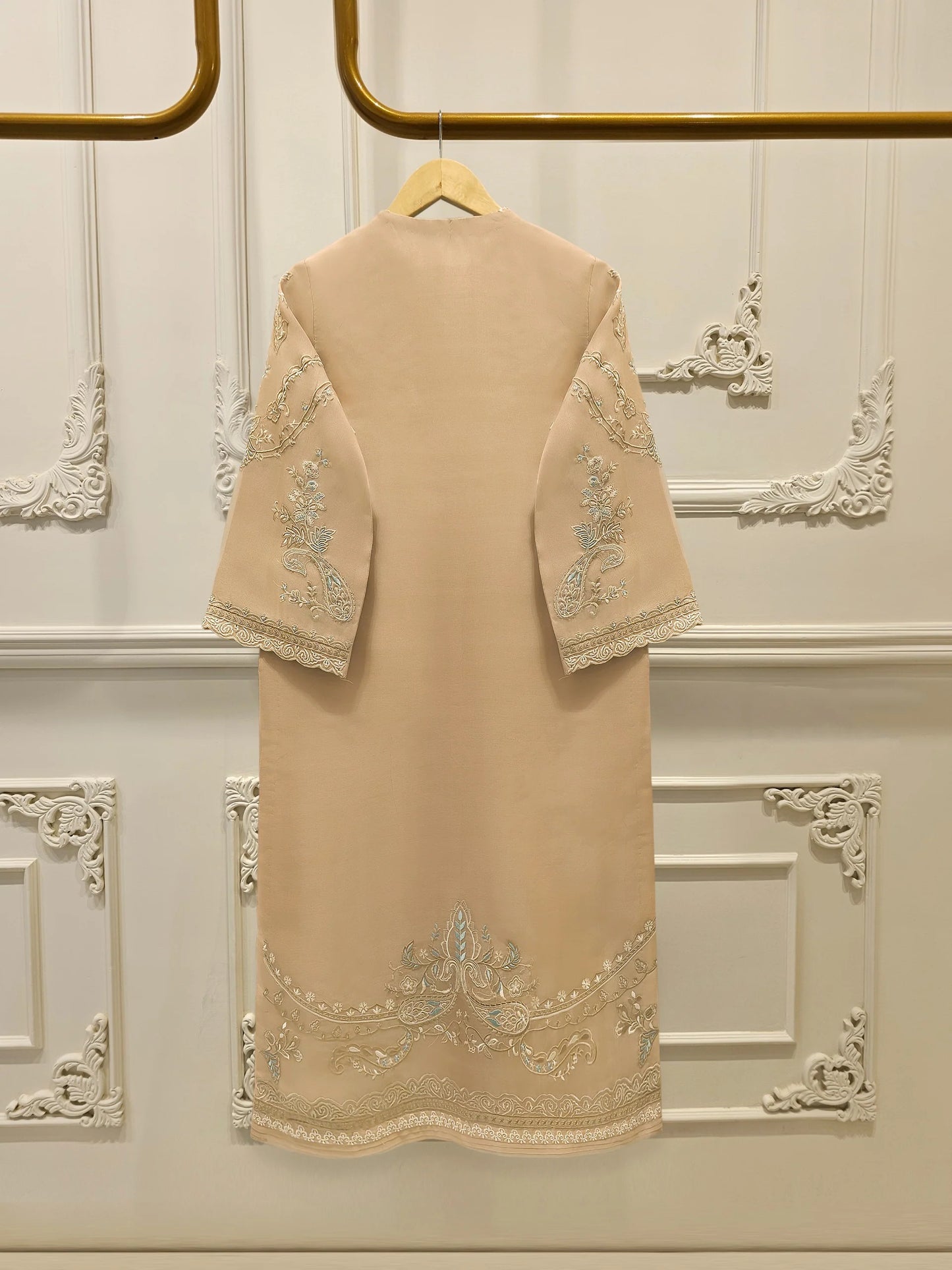 Aghanoor Embroidered Organza 3 Piece Suit- Beige Golden