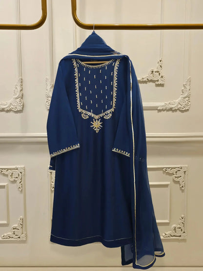 AGHANOOR 3 PIECE PURE SILK NET EMBROIDERED SUIT