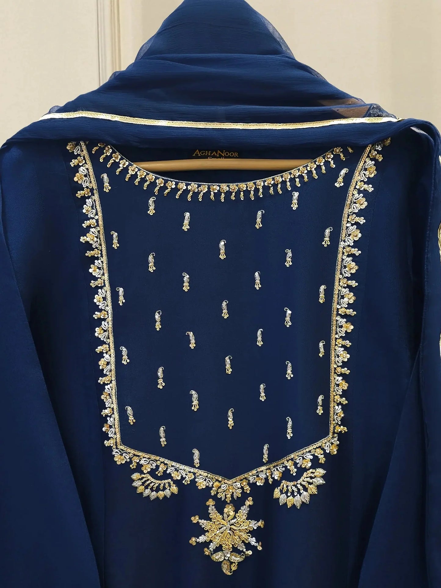 AGHANOOR 3 PIECE PURE SILK NET EMBROIDERED SUIT