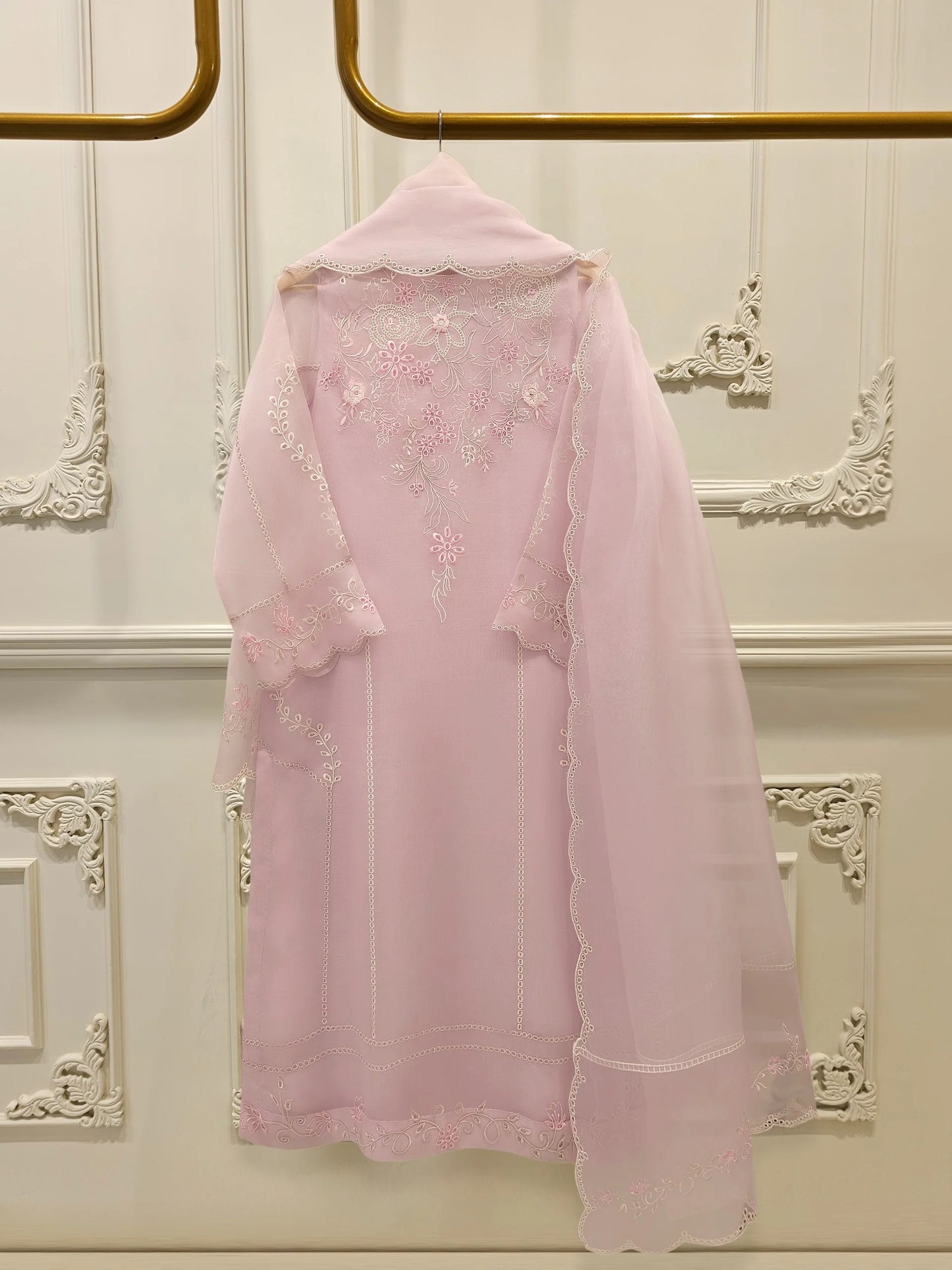 Aghanoor Pure Embroidered Organza 3 Piece Suit- Pink