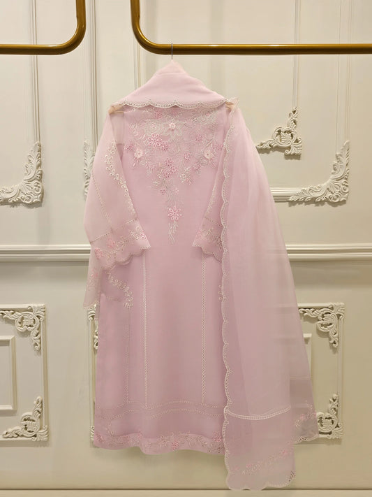 Aghanoor Pure Embroidered Organza 3 Piece Suit- Pink