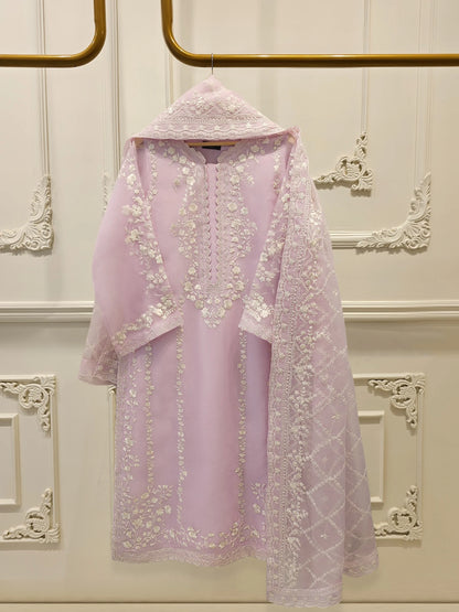 Aghanoor Embroidered Organza 3 Piece Suit-Lilac