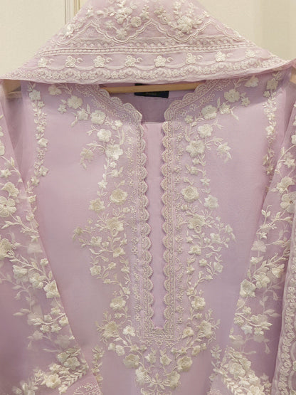 Aghanoor Embroidered Organza 3 Piece Suit-Lilac