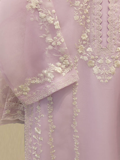 Aghanoor Embroidered Organza 3 Piece Suit-Lilac