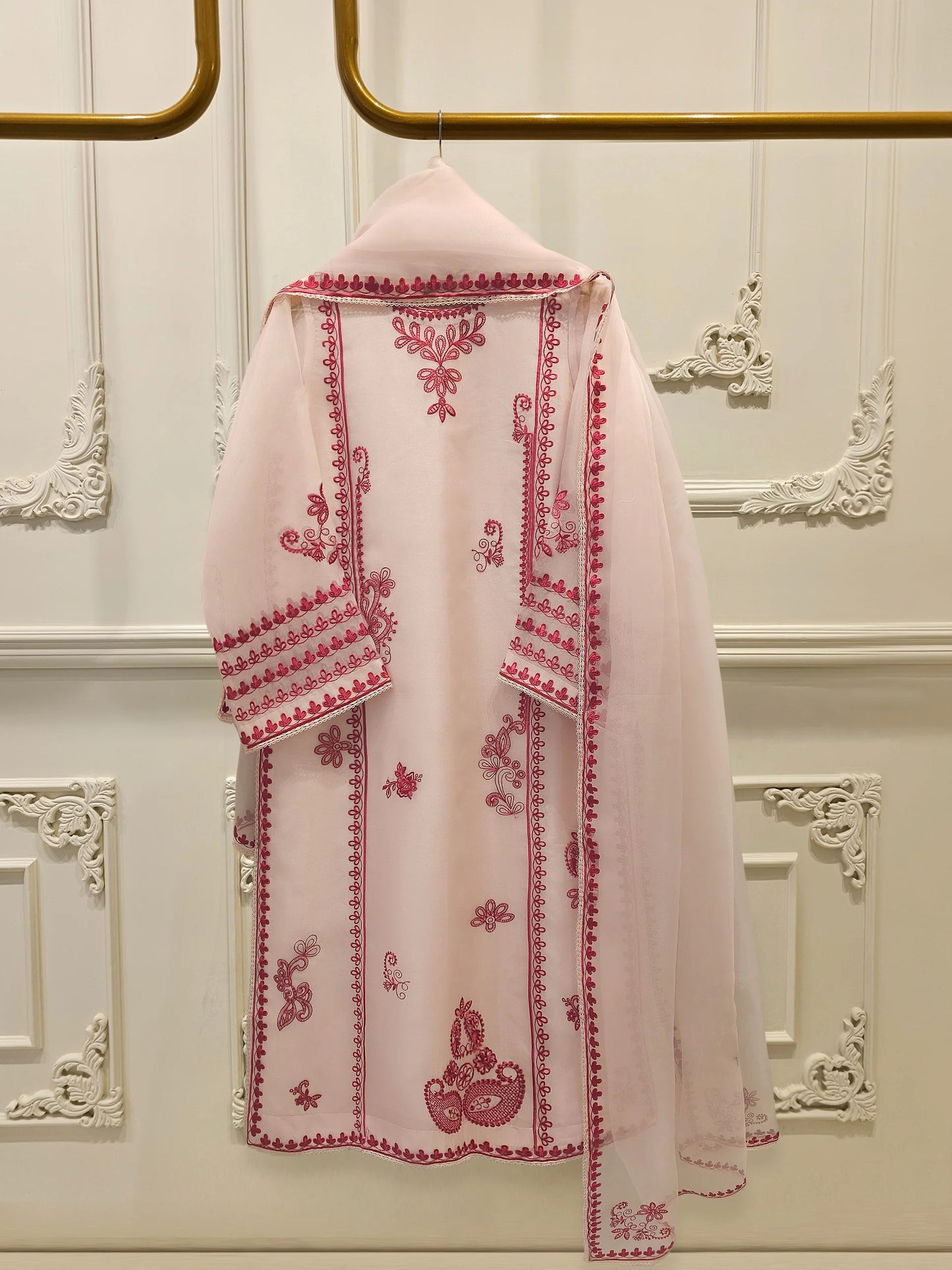 Aghanoor Heavily Embroidered Organza 3 Piece-Pink