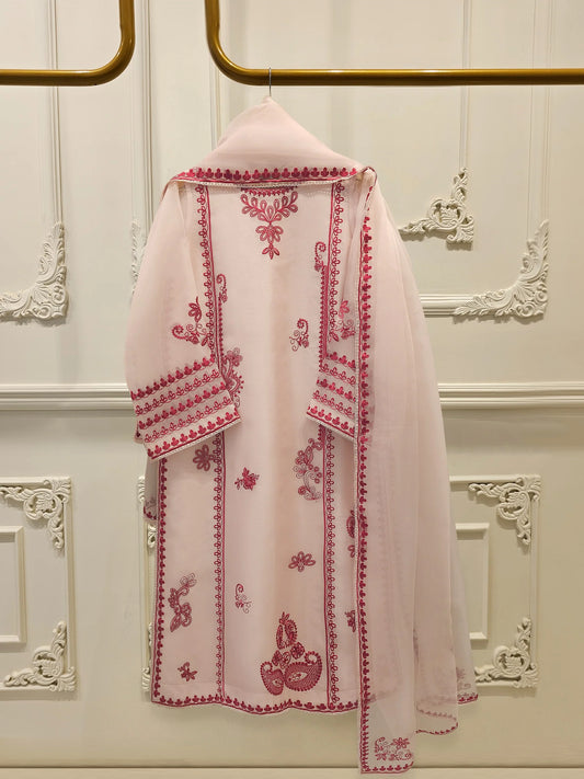 Aghanoor Heavily Embroidered Organza 3 Piece-Pink