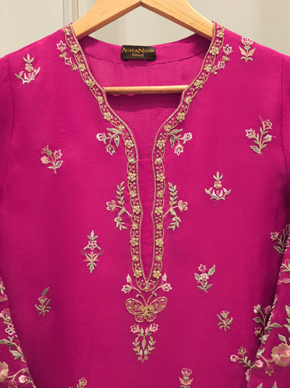 Aghanoor Embroidered Hot Pink Organza Shirt & Silk Trousers