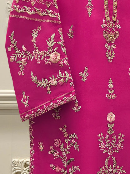 Aghanoor Embroidered Hot Pink Organza Shirt & Silk Trousers
