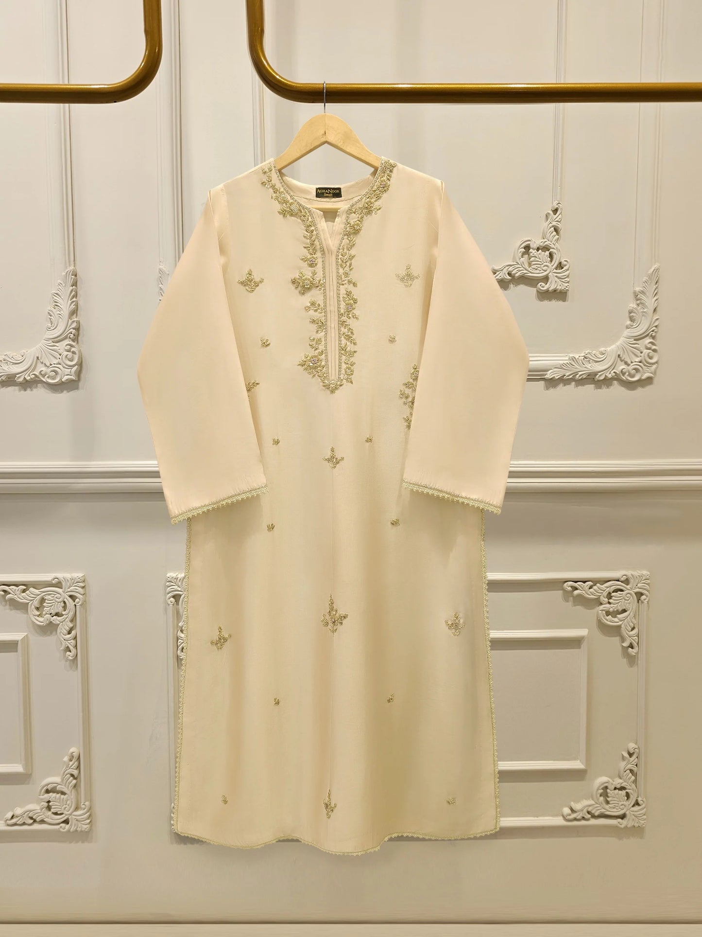 Aghanoor Embroidered Off-white Gold 3 Piece Suit