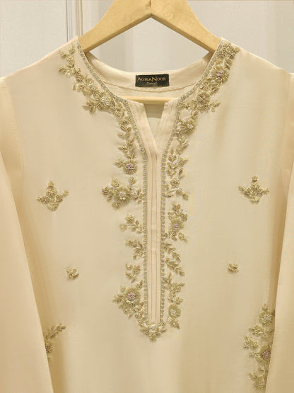 Aghanoor Embroidered Off-white Gold 3 Piece Suit