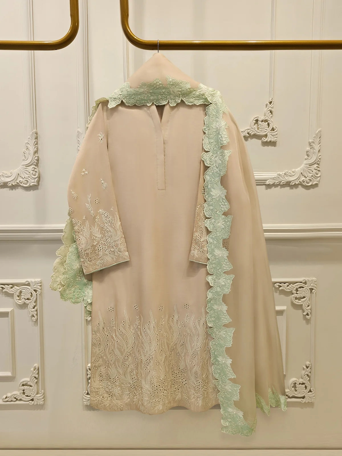 Aghanoor Embroidered Pure Khaadi Silk 3 Piece-Beige