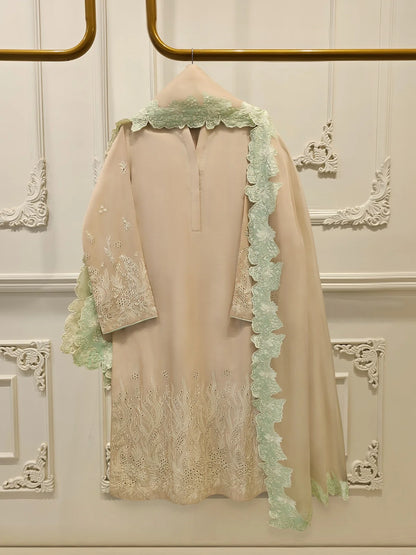 Aghanoor Embroidered Pure Khaadi Silk 3 Piece-Beige