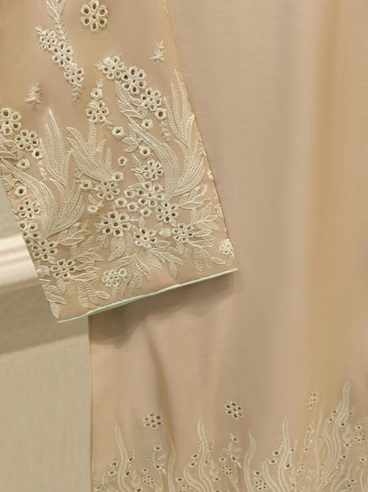 Aghanoor Embroidered Pure Khaadi Silk 3 Piece-Beige