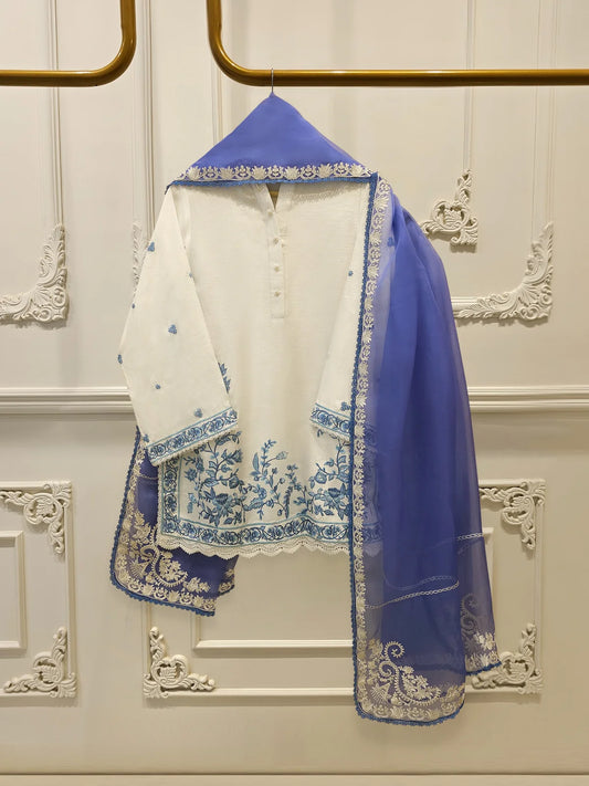 Aghanoor Heavily Embroidered Silk 3 Piece-White