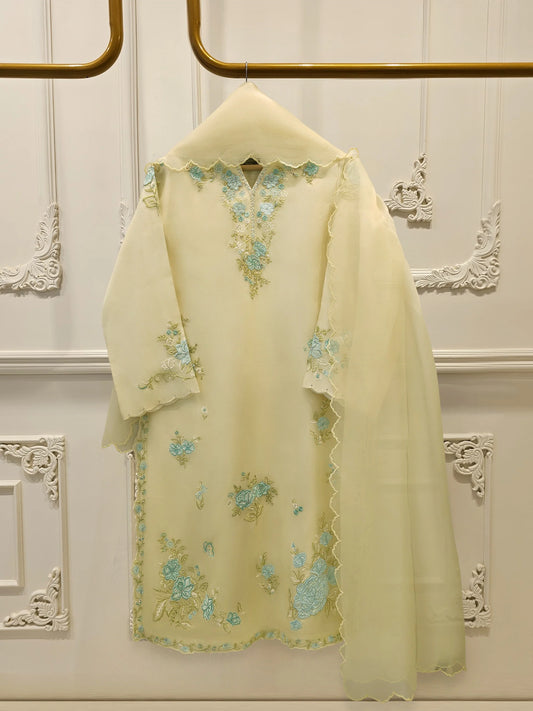 Aghanoor Heavily Embroidered Organza 3 Piece-Lemon Yellow