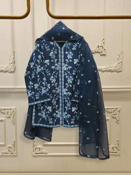 Aghanoor Heavily Embroidered Organza 3 Piece-Navy Blue