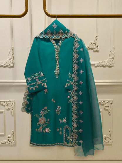 Aghanoor Heavily Embroidered Khaadi Silk 2 Piece-Emerald Green