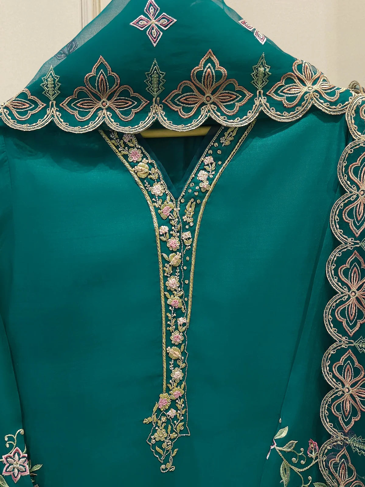Aghanoor Heavily Embroidered Khaadi Silk 2 Piece-Emerald Green