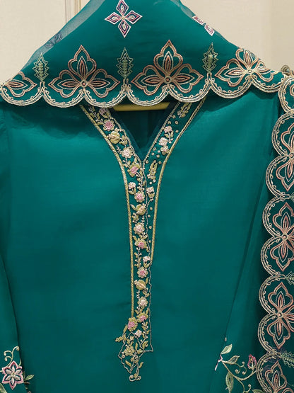 Aghanoor Heavily Embroidered Khaadi Silk 2 Piece-Emerald Green