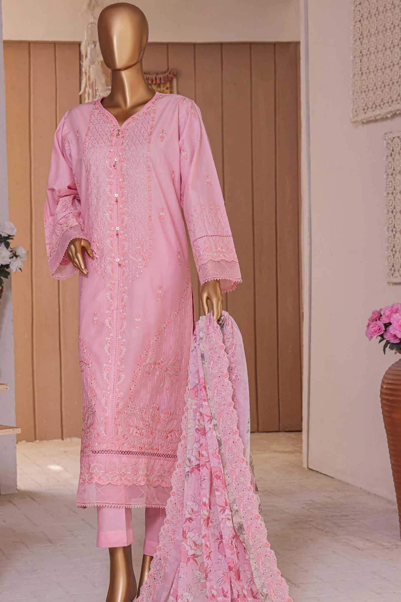 Bin Saeed Dhagakari Cutwork & Embroidered 3 Piece Suit