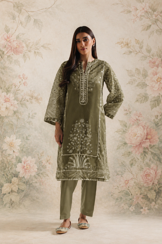 ETHNC EMBROIDERED KOTA NET SHIRT WITH TROUSERS- OLIVE GREEN