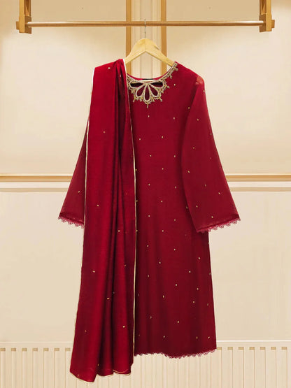 AGHANOOR 3 PIECE PURE COTTON NET EMBROIDERED SUIT