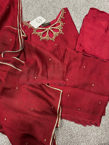 AGHANOOR 3 PIECE PURE COTTON NET EMBROIDERED SUIT