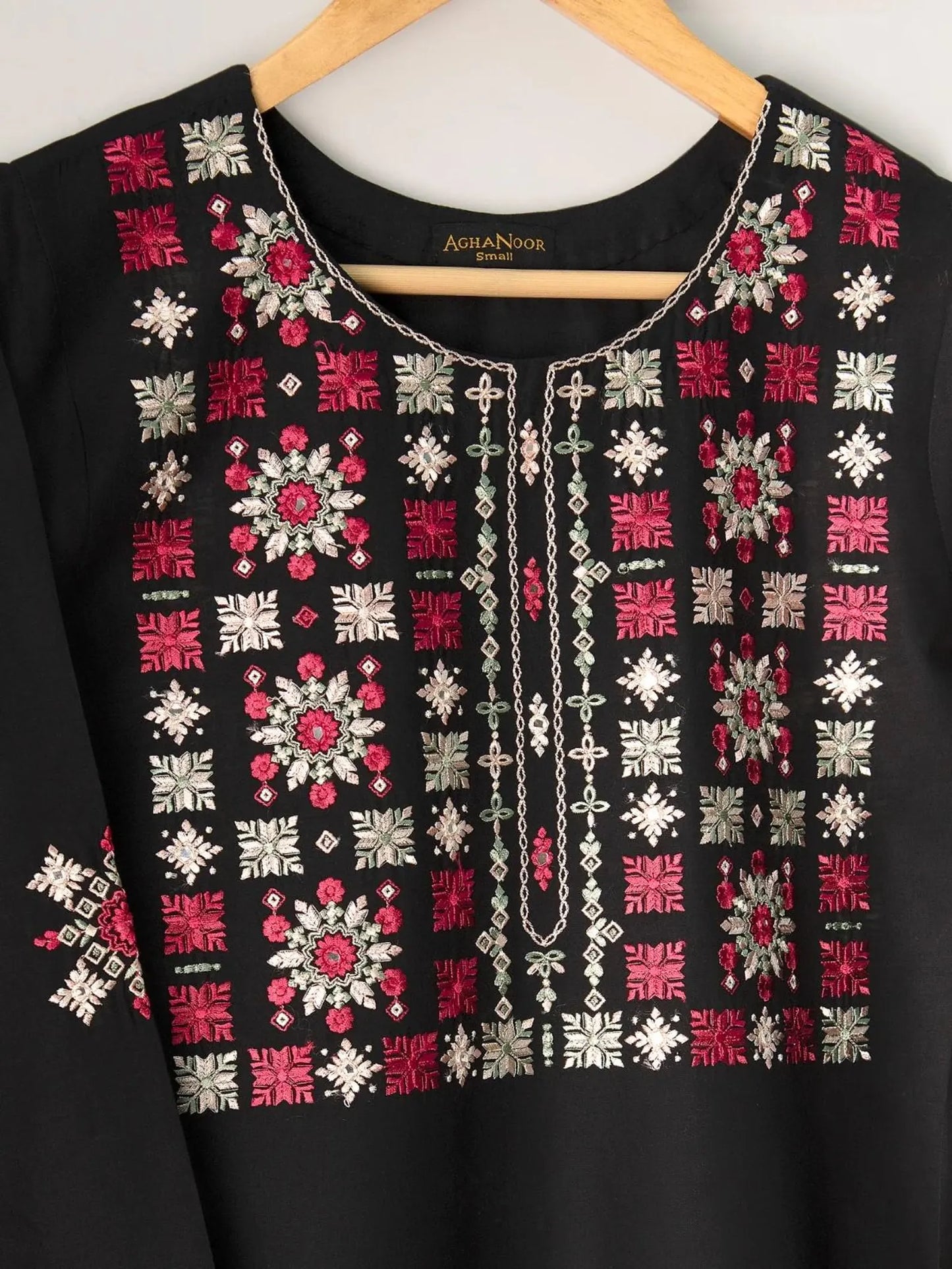 AGHANOOR PIMA COTTON LAWN EMBROIDERED SHIRT-BLACK