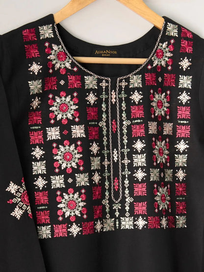 AGHANOOR PIMA COTTON LAWN EMBROIDERED SHIRT-BLACK