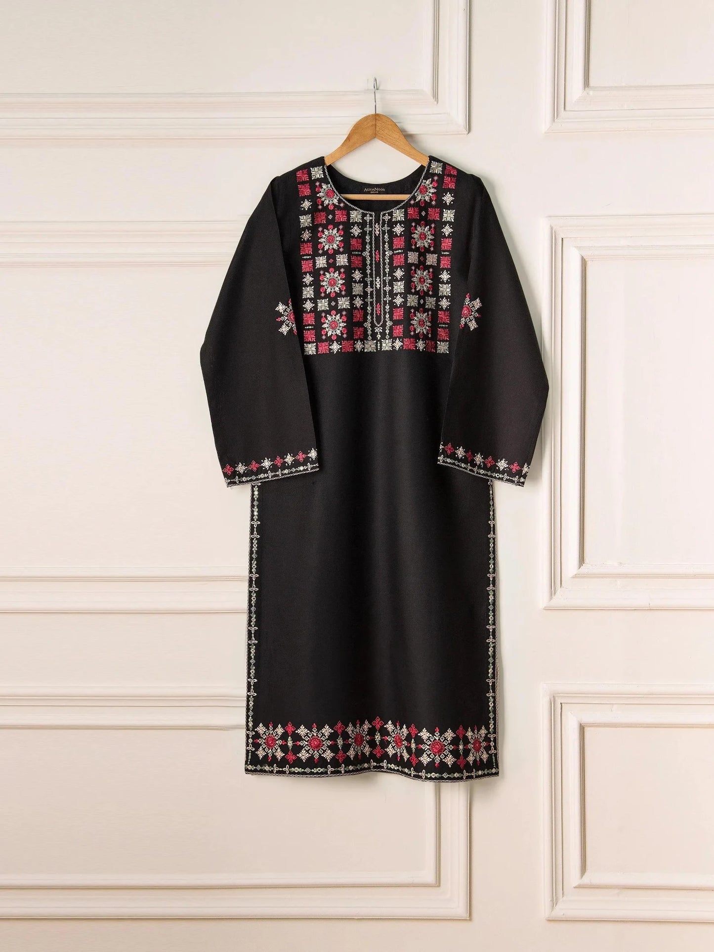 AGHANOOR PIMA COTTON LAWN EMBROIDERED SHIRT-BLACK