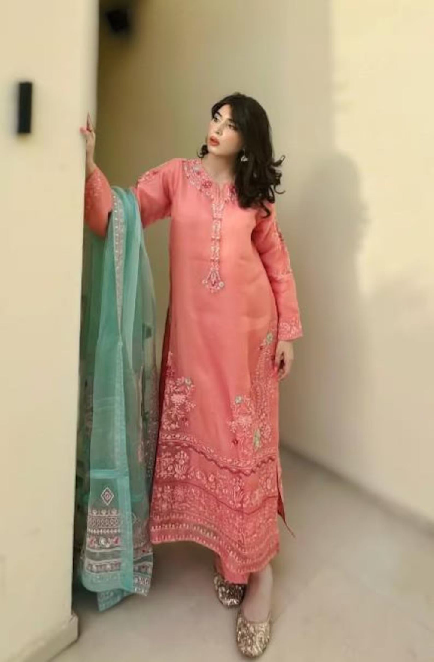 Aghanoor Heavily Embroidered Organza 3 Piece Suit