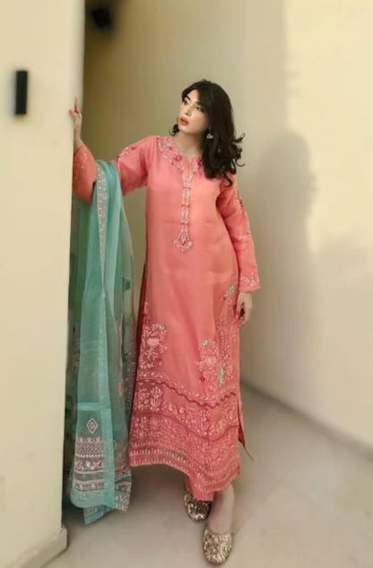 Aghanoor Heavily Embroidered Organza 3 Piece Suit