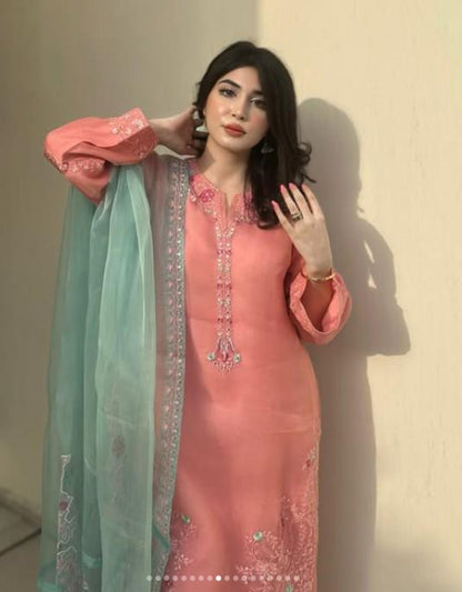 Aghanoor Heavily Embroidered Organza 3 Piece Suit