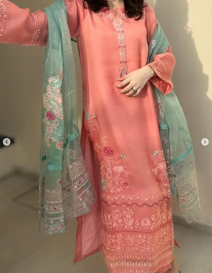 Aghanoor Heavily Embroidered Organza 3 Piece Suit