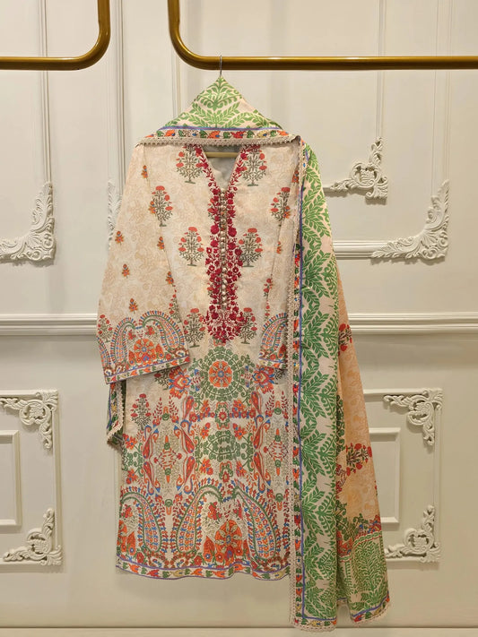 AGHANOOR PURE EMBROIDERED LAWN SHIRT, PANT & SILK DUPATTA