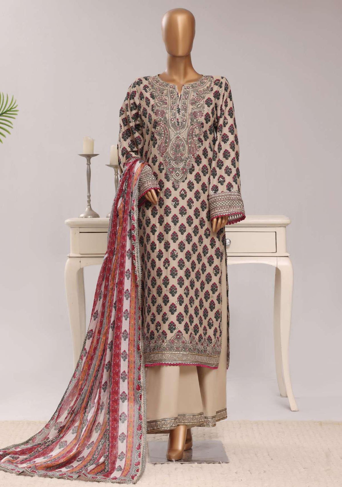 Sadabahar Festive Embroidered Lawn Cotton 3 Piece-Fawn