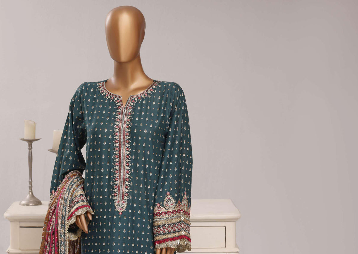 Sadabahar Festive Embroidered Lawn Cotton 3 Piece-Bottle Green