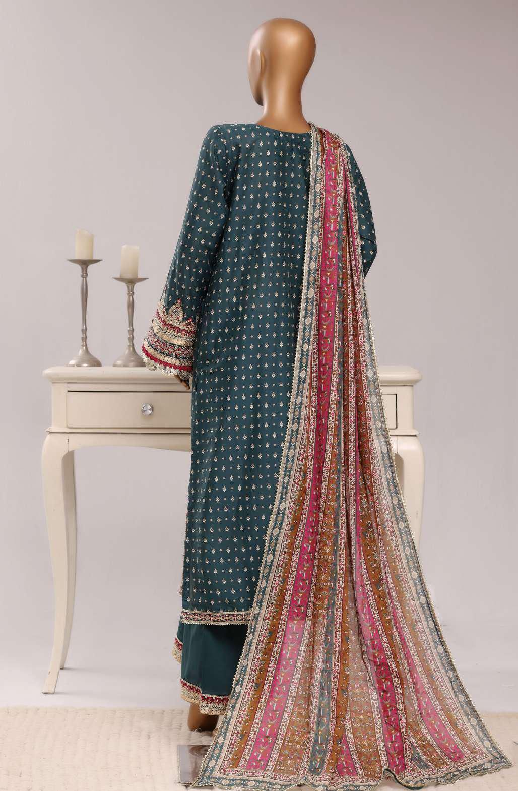 Sadabahar Festive Embroidered Lawn Cotton 3 Piece-Bottle Green