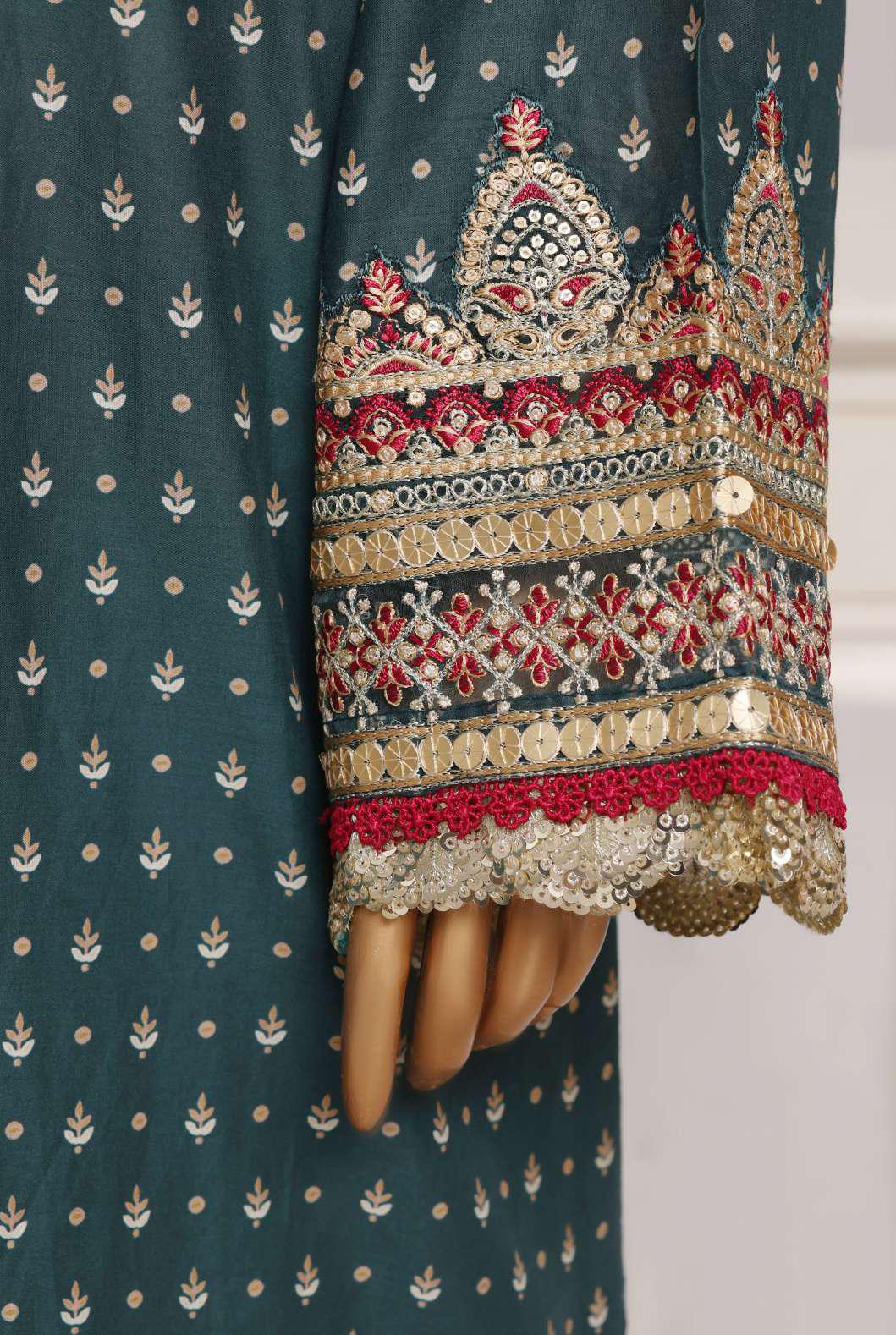 Sadabahar Festive Embroidered Lawn Cotton 3 Piece-Bottle Green