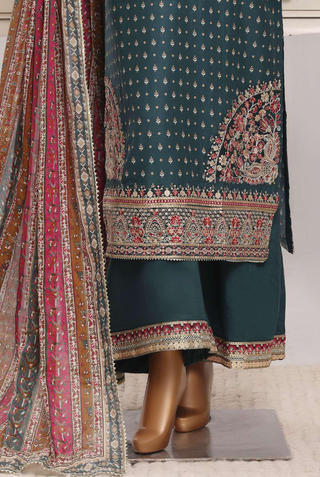 Sadabahar Festive Embroidered Lawn Cotton 3 Piece-Bottle Green