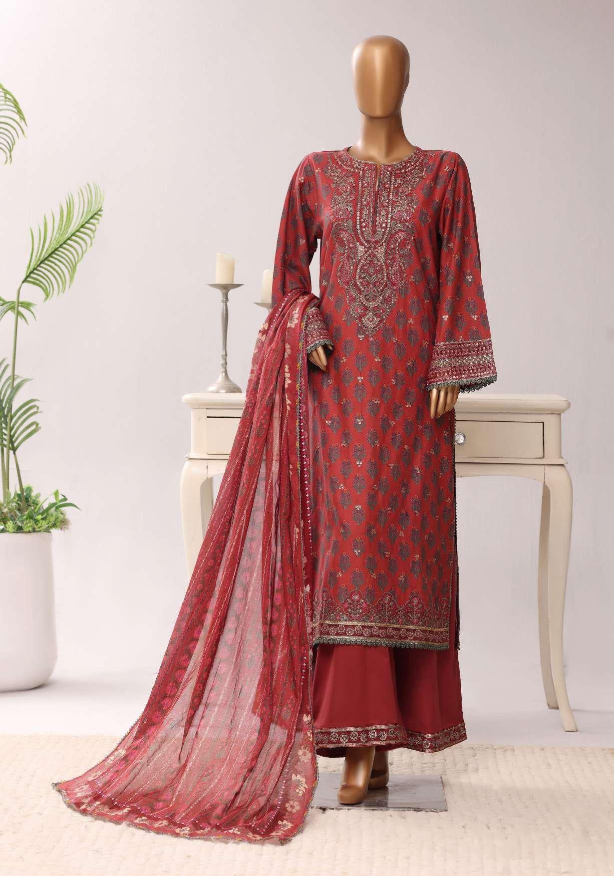 Sadabahar Festive Embroidered Lawn Cotton 3 Piece-Maroon