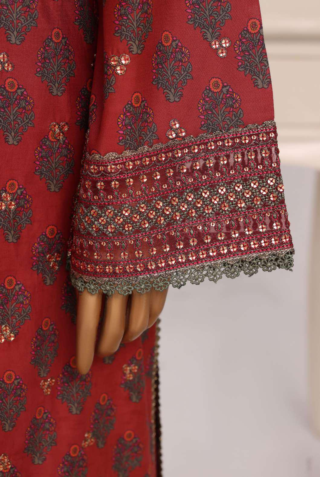 Sadabahar Festive Embroidered Lawn Cotton 3 Piece-Maroon