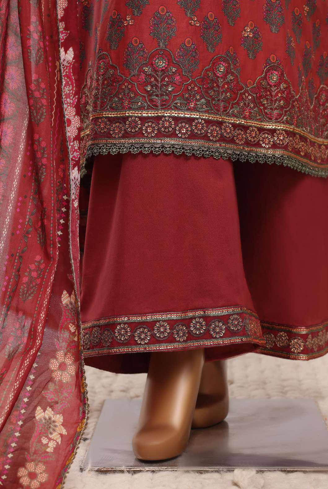 Sadabahar Festive Embroidered Lawn Cotton 3 Piece-Maroon