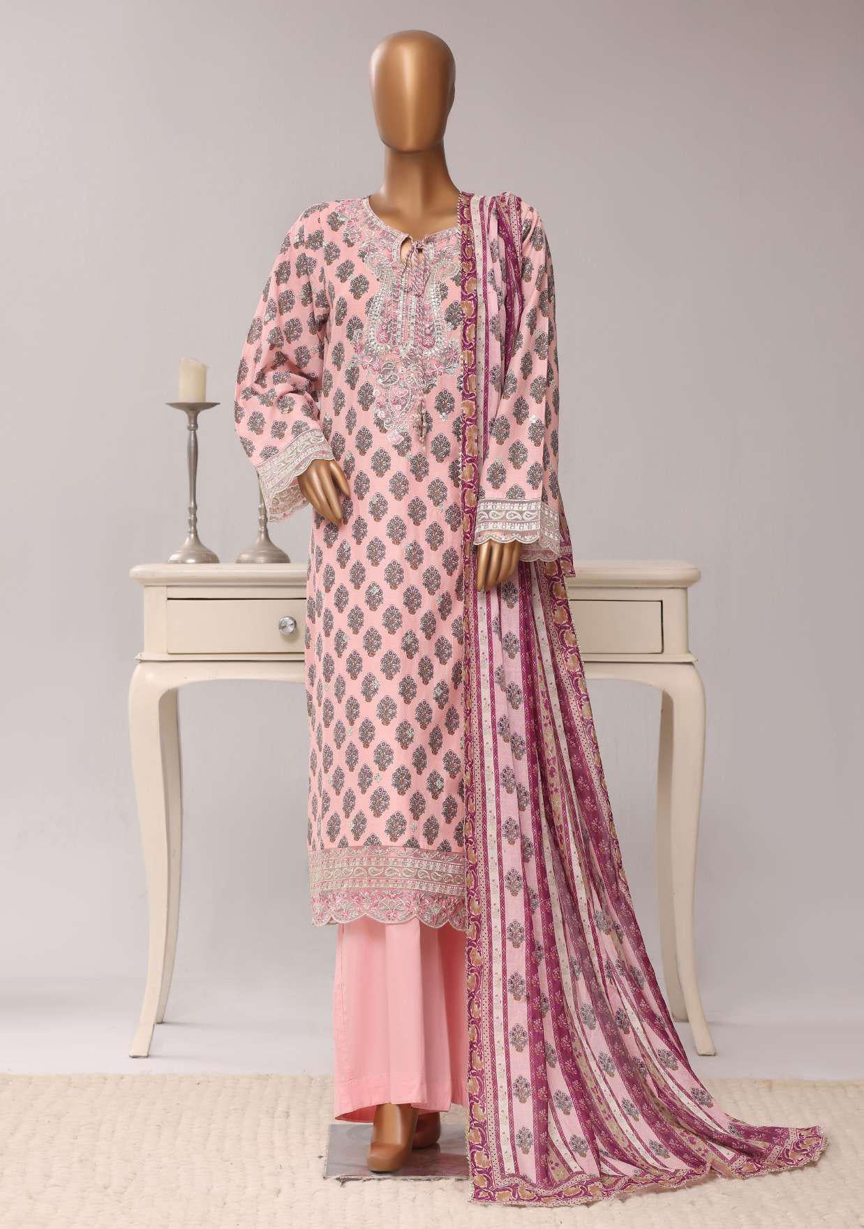 Sadabahar Festive Embroidered Lawn Cotton 3 Piece-Pink