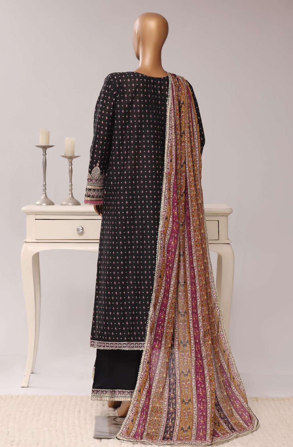 Sadabahar Festive Embroidered Lawn Cotton 3 Piece-Black