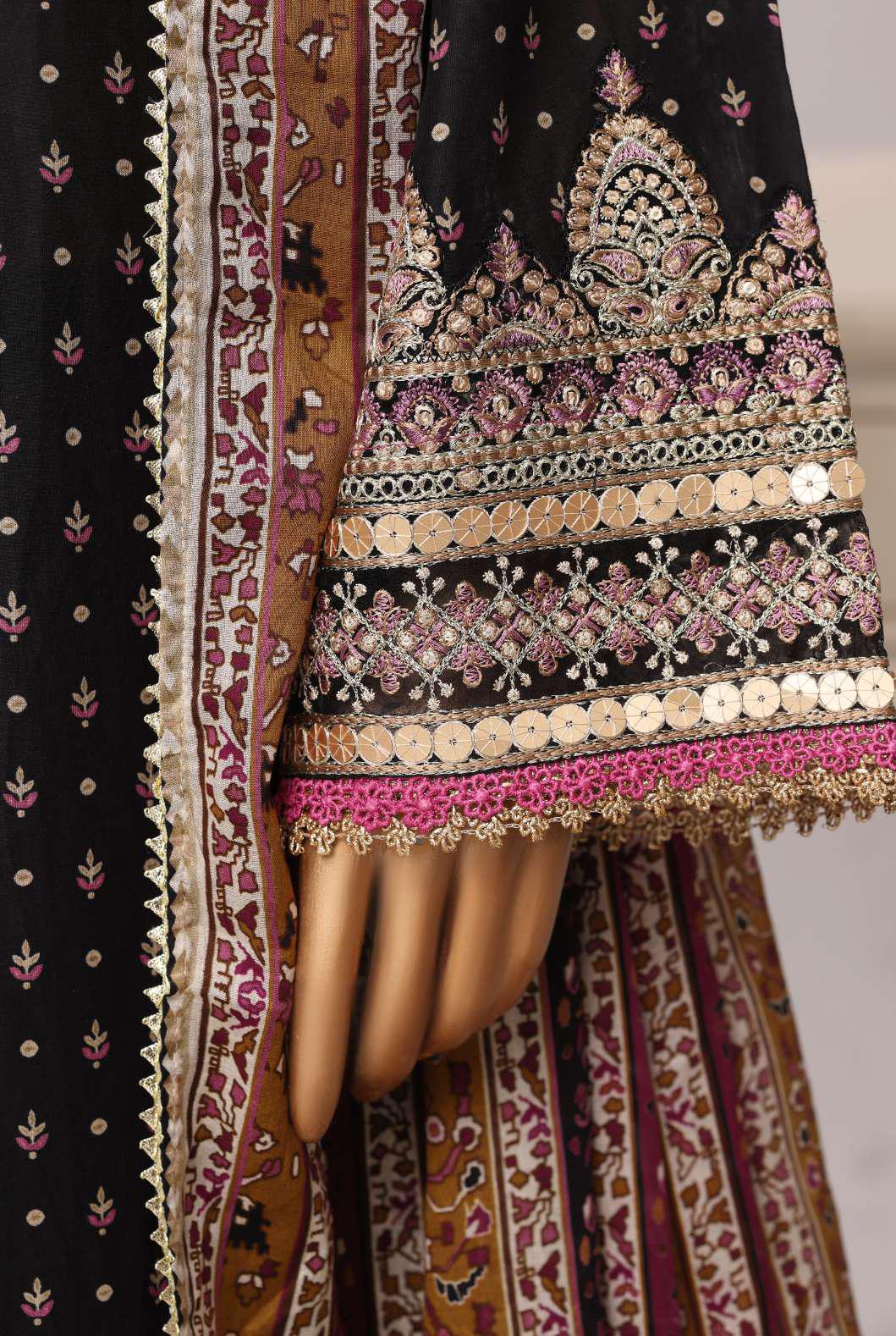Sadabahar Festive Embroidered Lawn Cotton 3 Piece-Black