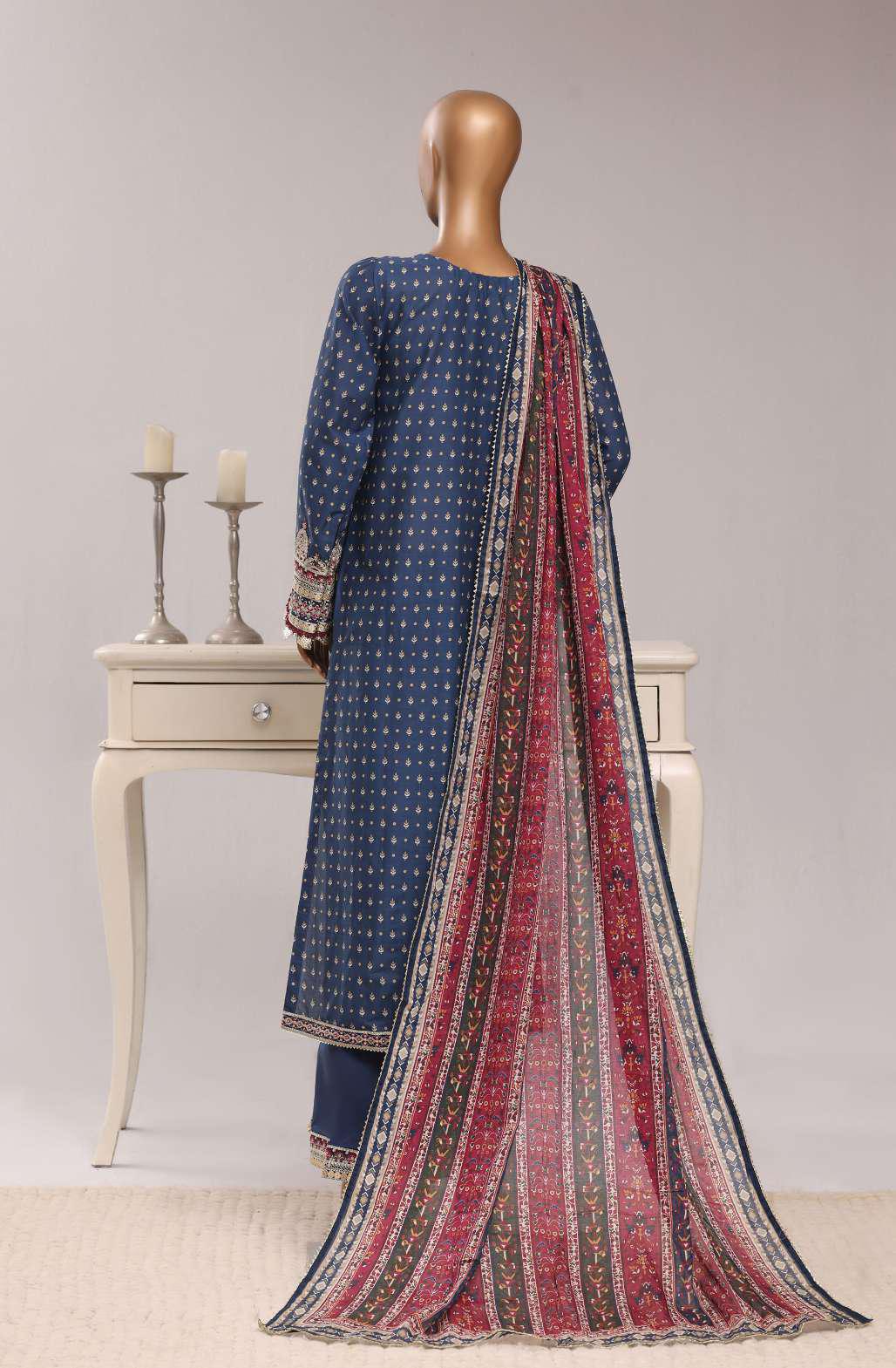 Sadabahar Festive Embroidered Lawn Cotton 3 Piece-Blue